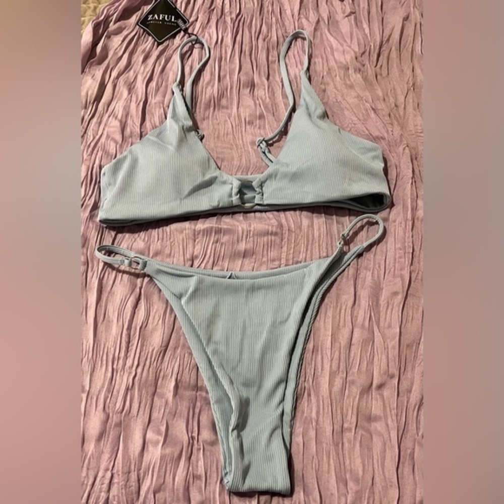 Zaful Sky Blue Ribbed Bikini Set